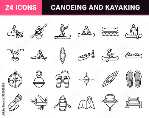 Minimalist black and white outline graphics of canoeing kayaking and water recreation activities featuring sleek uniform monoline strokes.