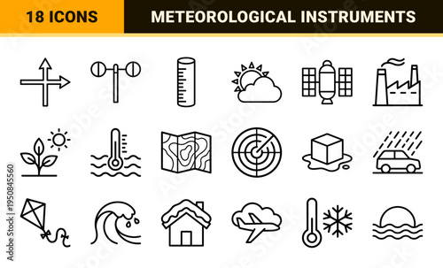 Monoline meteorological and weather forecasting outline symbols featuring climate conditions and scientific instruments in minimalist style.