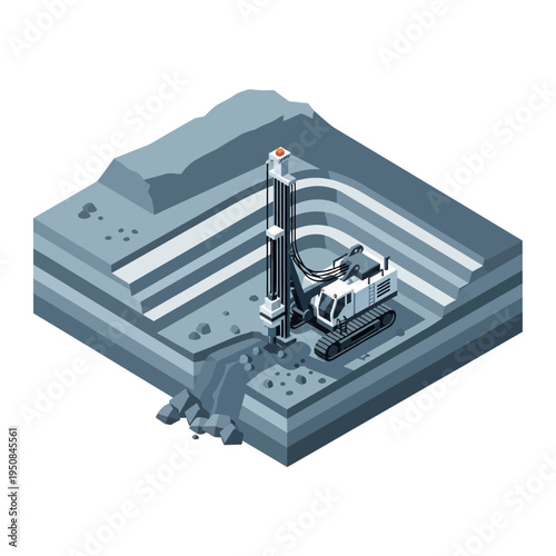 Isometric illustration of a drilling rig operating in a layered geological formation, excavating earth and rock.