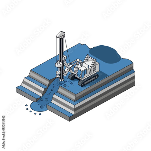 An isometric illustration depicts a drilling rig excavating a layered geological formation, with excavated material being discharged.