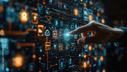 Hand touching a glowing digital interface with numerous interconnected icons on a dark background
