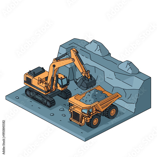 An excavator loads a dump truck with ore in a quarry, illustrating heavy machinery in industrial mining operations.