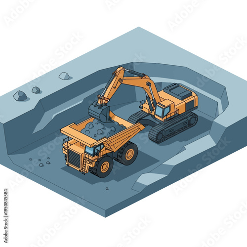 An isometric illustration of an excavator loading a large mining dump truck with rocks in an open-pit mine.