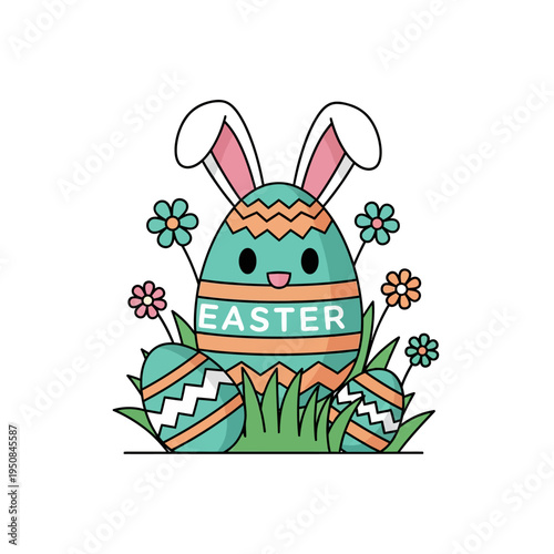 Vector illustration of a cute teal Easter egg character with bunny ears, a smiling face, and the text Easter, surrounded by decorated eggs, small flowers, and green grass on a white background.