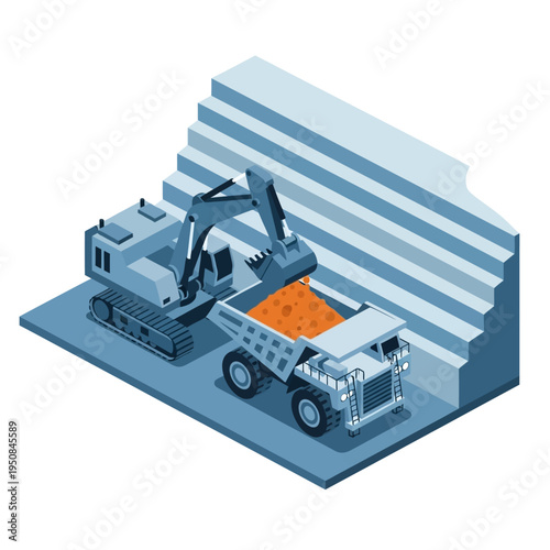 Isometric illustration of an excavator loading a large dump truck with orange material on a tiered platform.