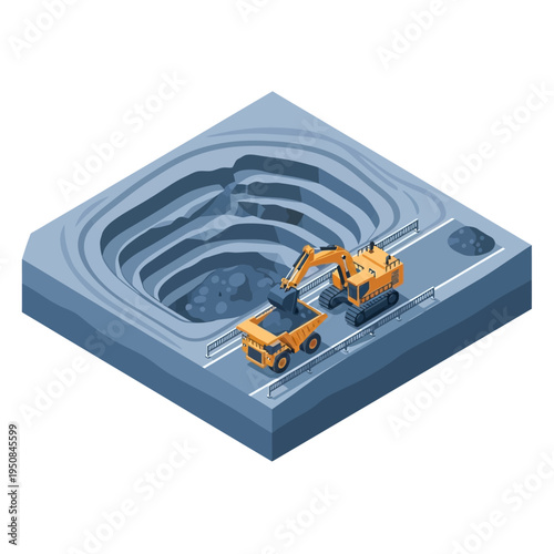 Isometric view of an open-pit mine with an excavator loading a dump truck with ore.