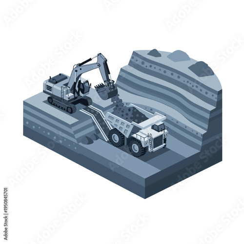An isometric illustration depicts an excavator loading a large dump truck with earth and rocks in an open-pit mine.