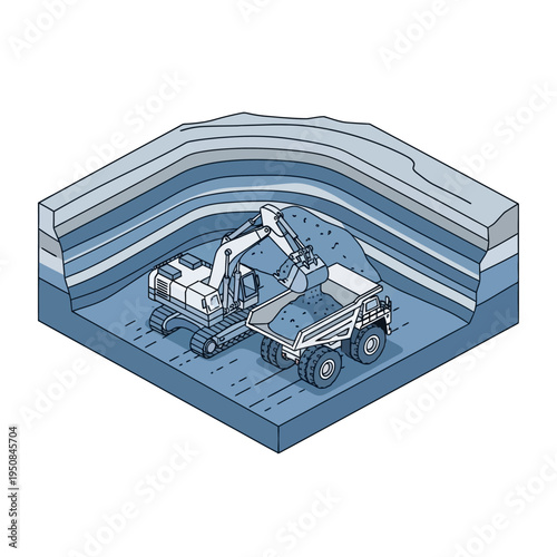 An excavator loads a large mining truck with earth and gravel in a layered excavation site, illustrating heavy machinery in action.