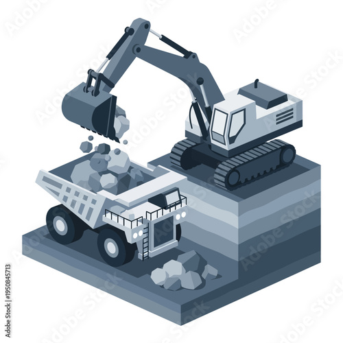 Isometric illustration of an excavator loading rocks into a dump truck at a mine site.