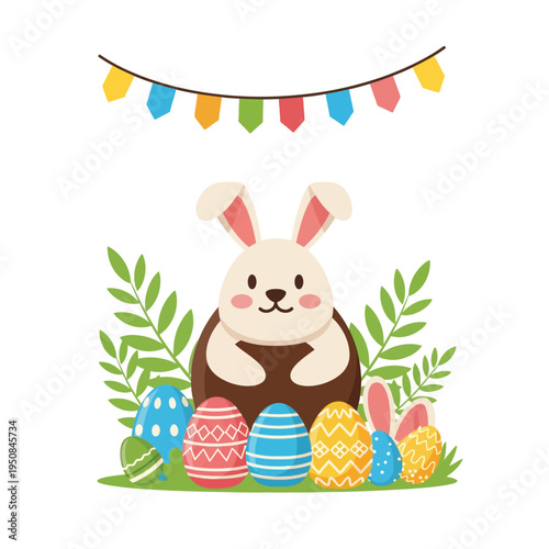 Cute cartoon Easter bunny sitting behind a large chocolate egg surrounded by colorful decorated eggs and green foliage with a hanging bunting banner on a white background.
