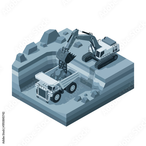 Isometric illustration of an excavator loading rocks into a dump truck at a mine site, showcasing heavy machinery in action.