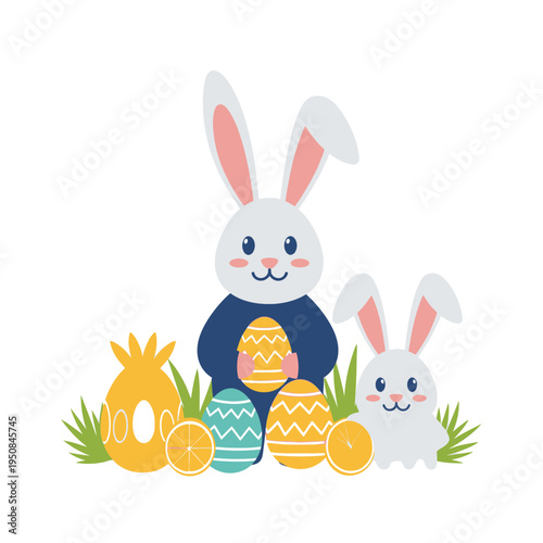 Two white cartoon rabbits with colorful patterned Easter eggs and orange slices in green grass. Flat vector illustration isolated on white background for holiday greeting card design.