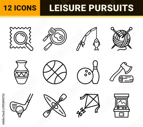 Recreational hobbies and lifestyle activities linear monoline graphics with uniform stroke weight and minimalist flat styling.