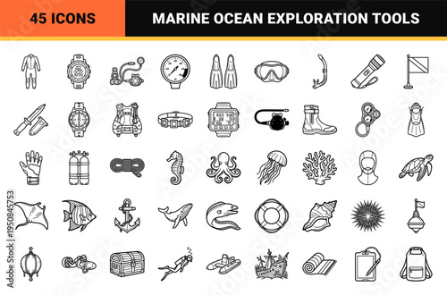 Scuba diving and snorkeling equipment neo-line art outlining essential underwater exploration gear with sleek technical monoline aesthetic