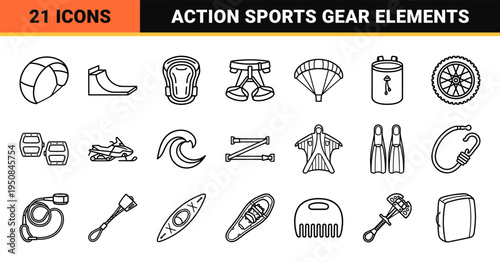 Extreme sports and outdoor adventure equipment interface symbols in sleek monoline aesthetic for digital applications and print materials.