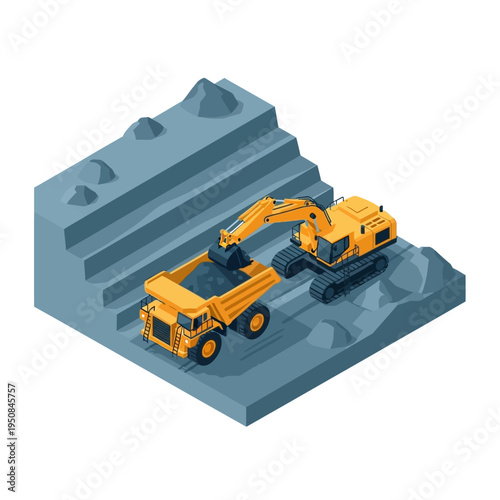 Isometric illustration of an excavator loading a dump truck with coal at a mine site.