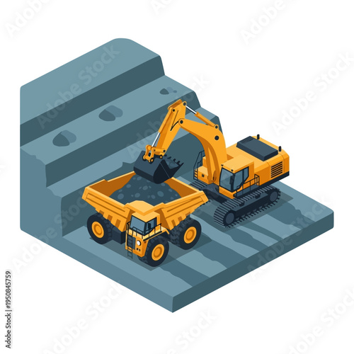 An isometric illustration shows a yellow excavator loading coal into a yellow dump truck at a mine site.