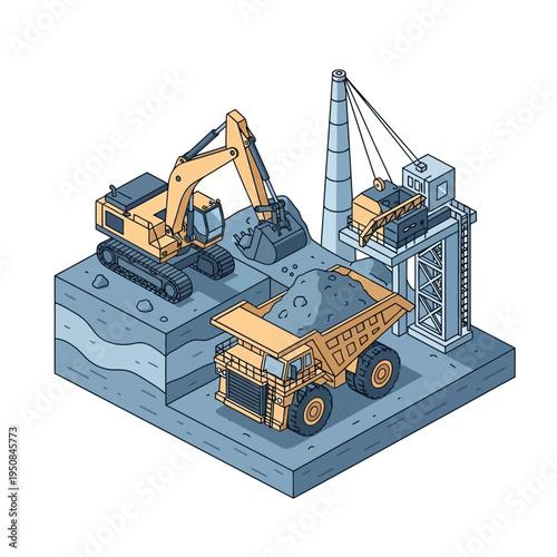Isometric illustration of an open-pit mine with an excavator loading a dump truck and a conveyor belt system.