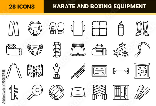 Martial arts combat sports training equipment elements in clean neo-line art style for digital fitness applications and athletic design.