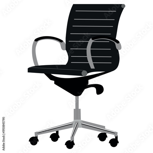 Modern black ergonomic office chair illustration with ribbed back silver armrests and swivel wheels for workspace setups
