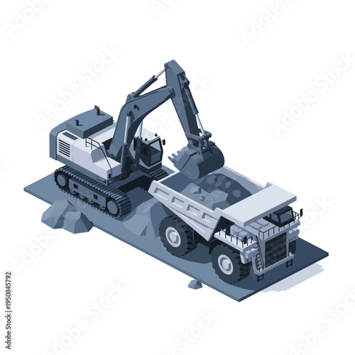 An isometric illustration depicts an excavator loading dirt into a large mining dump truck on a construction site.