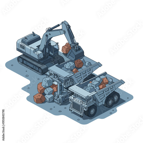 An excavator loads rocks into a dump truck at a construction or mining site, with another dump truck nearby.