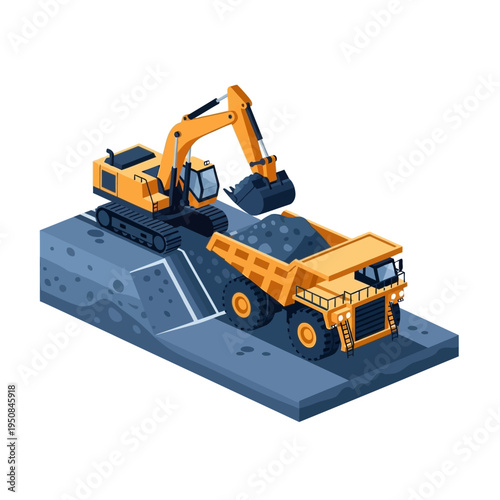 An excavator loads a large mining dump truck with rock and soil in an isometric view of a construction or mining site.