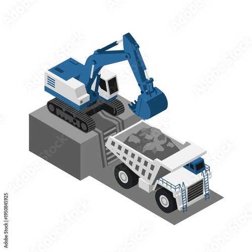 An excavator loads a large dump truck with rocks and debris at a construction or mining site.