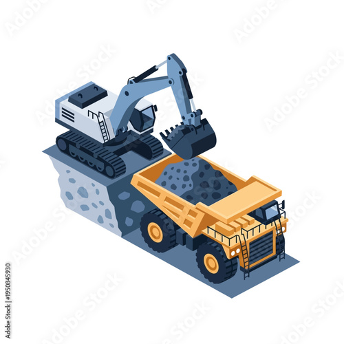 Isometric illustration of an excavator loading rocks into a large mining dump truck at a construction site.
