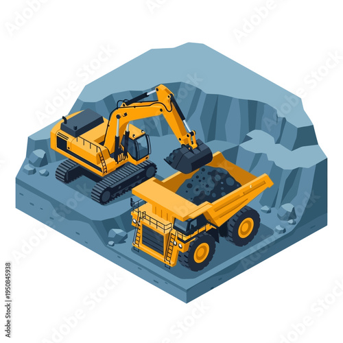 Isometric illustration of a yellow excavator loading coal into a large yellow dump truck at a mine site.