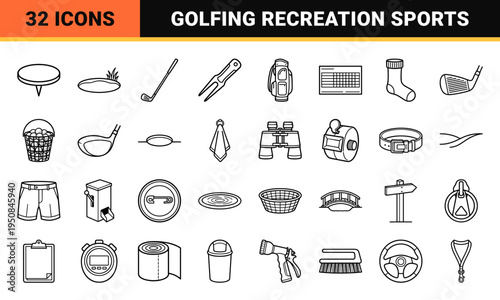 Black and white monoline golf sports equipment aesthetic for country club recreation and athletic leisure design applications.