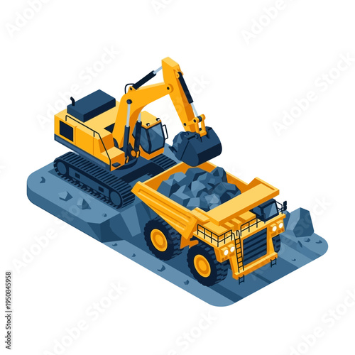 An isometric illustration shows a yellow excavator loading rocks into a large yellow mining dump truck on a blue construction site.