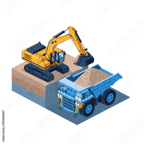 An isometric illustration depicts an excavator loading dirt into a large dump truck at a construction or mining site.