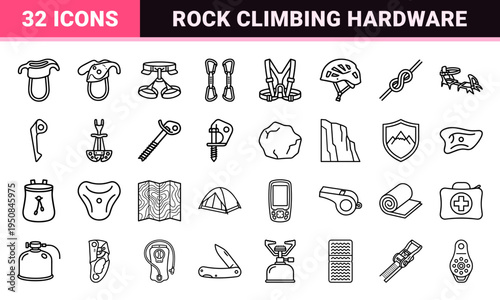 Rock climbing and mountaineering gear outline symbols featuring sleek technical monoline aesthetics for outdoor adventure applications.