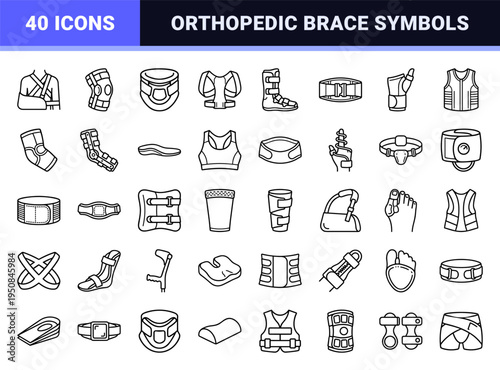 Orthopedic Medical Support Monoline Symbols for Healthcare Applications Featuring Braces Splints and Compression Gear in Technical Line Art Style