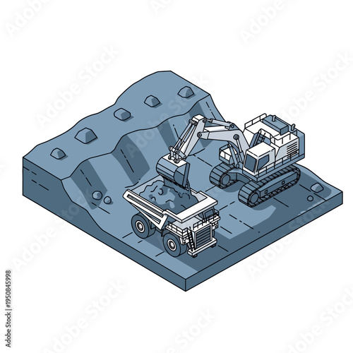 An isometric illustration depicts an excavator loading dirt into a dump truck at a construction or mining site.