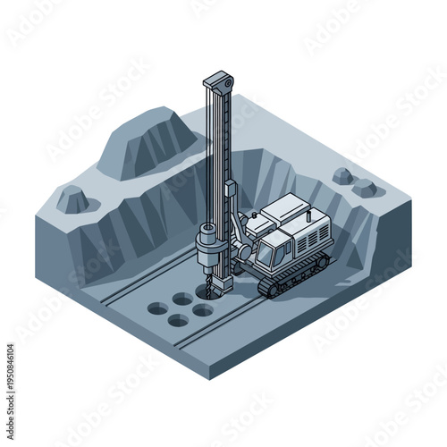 Isometric illustration of a tracked drilling rig excavating multiple boreholes in a quarry or construction site.