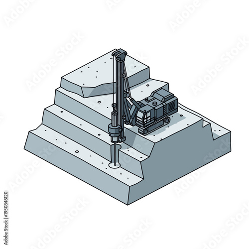 Isometric illustration of a drilling rig excavating a hole in a stepped concrete structure.