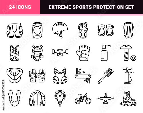 Extreme Sports Safety Equipment and Skateboarding Gear Neo-Line Art Symbols Featuring Minimalist Uniform Outline Helmets and Protective Pads