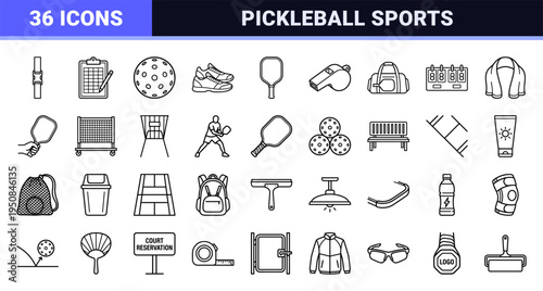 Pickleball Equipment and Court Strategy Monoline Outlines for Sports Branding and Digital Interface Design