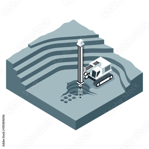 Isometric illustration of a drilling rig operating in a tiered excavation site, creating multiple boreholes.