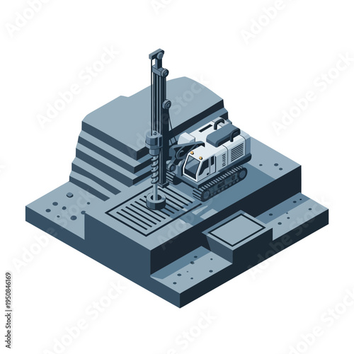 Isometric illustration of a drilling rig operating on a construction site, excavating the ground with precision.