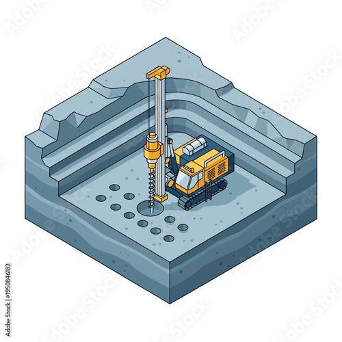 Isometric illustration of a drilling rig excavating multiple holes in a layered ground structure for construction or mining purposes.