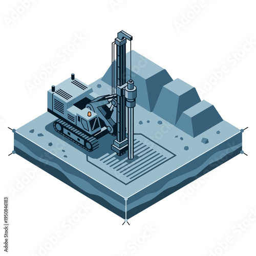Isometric illustration of a drilling rig excavating a foundation for a construction project, showcasing heavy machinery in action.
