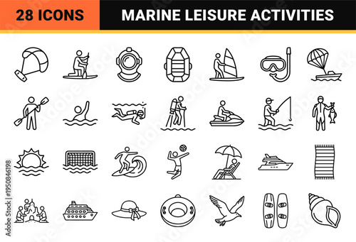 Aquatic recreation and marine sports thin monoline vectors for digital interfaces featuring a crisp black and white minimalist aesthetic.