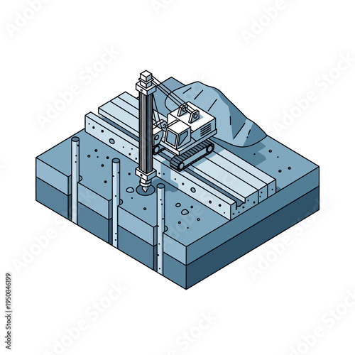 Construction site with a drilling machine creating foundation piles for a building.