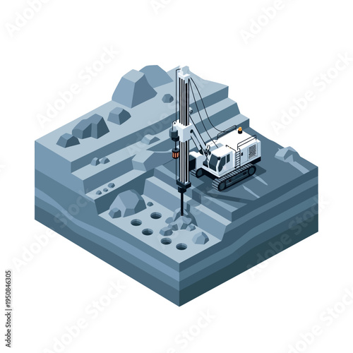 Isometric illustration of a drilling rig excavating holes in a layered rock formation, showcasing industrial mining operations.