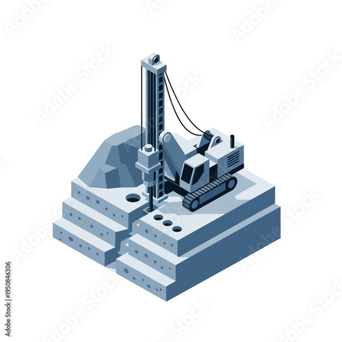 Isometric illustration of a drilling rig machine excavating holes in a layered construction site with a pile of dirt.
