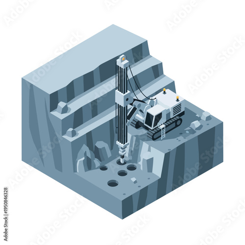 Isometric illustration of a drilling machine operating in a quarry, creating holes in the rock face for excavation.