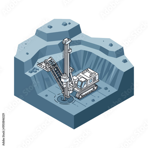 Isometric illustration of a drilling rig excavating a large pit in the ground, showcasing heavy machinery in an industrial setting.